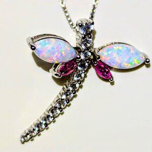 Sterling Silver Pink Saphire and Opal (Lab Created) Dragonfly Pendant and Chain